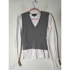 En Saison White Cotton V Neck Blouse w Gray Swater Vest Sz M (2 Pieces)